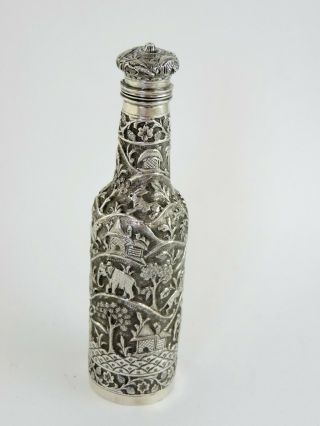 Rare & unusual elephant embossed INDIAN SILVER BOTTLE,  c.  1890 18cm tall 131g 2