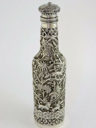 Rare & unusual elephant embossed INDIAN SILVER BOTTLE,  c.  1890 18cm tall 131g 3
