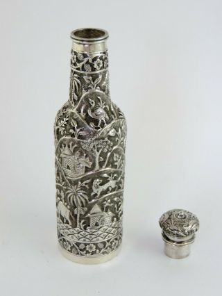 Rare & unusual elephant embossed INDIAN SILVER BOTTLE,  c.  1890 18cm tall 131g 4
