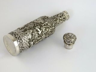 Rare & unusual elephant embossed INDIAN SILVER BOTTLE,  c.  1890 18cm tall 131g 5