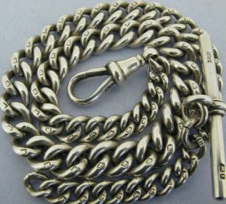 Antique Victorian Solid Sterling Silver Albert Pocket Watch Chain & T - Bar 1899