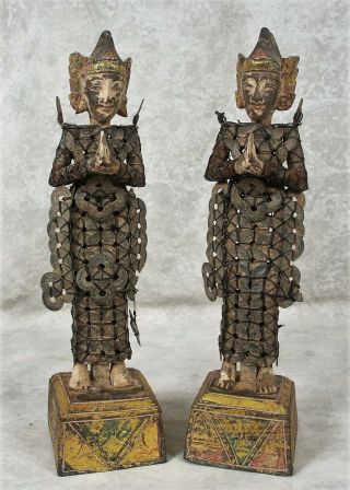 2 Vtg Balinese Dewi Sri Chinese Coin Statues Rice Goddess Carved & Painted Wood