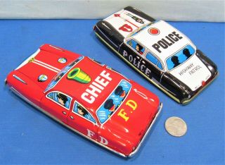Tin Emergency Cars Police Car & Fire Chief 1960’s Japan Import 6 Inches 4