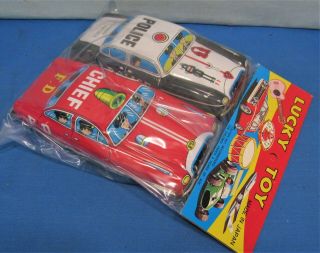 Tin Emergency Cars Police Car & Fire Chief 1960’s Japan Import 6 Inches 5