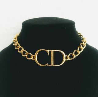Christian Dior Cd Logo Gold Tone Curb Chain Choker Gorgeous Necklace Signed