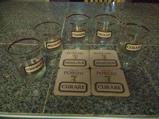 Name Your Poison Cera Glasses Stirring Sticks & Coasters Vintage