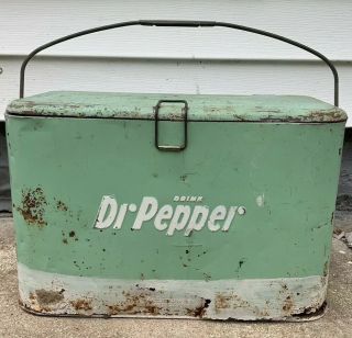 Vintage Green Dr.  Pepper Metal Cooler Ice Box Antique Ice Chest Small Carry