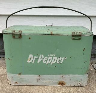 Vintage Green Dr.  Pepper Metal Cooler Ice Box Antique Ice Chest Small Carry 2