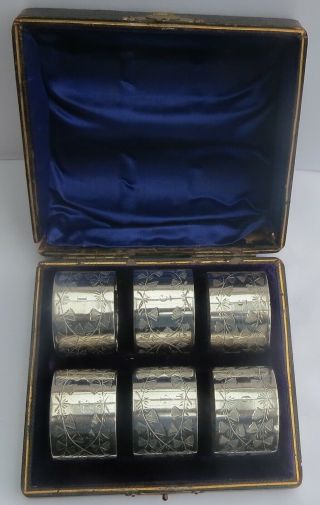 Fine Boxed Set Of Six (6) Victorian English Silver Napkin Rings C.  1899