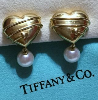 Tiffany & Co - Solid 18k 18kt Gold Pearl Drop Heart Earrings - Rare / Retired