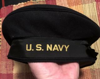 Vintage Wwii Us Navy Usn Sailor Flat Hat/cracker Jack Wool Uniform Cap - Large L