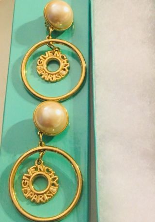 Givenchy Paris Vintage Earrings Jumbo Hoops w Faux Pearl Top 3 