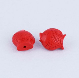 Red Cinnabar Carved Fish Pendant Charm Beads Necklace Amulet Luck 30X26mm 2