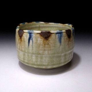 6G1: Vintage Japanese Pottery Tea bowl of Mino ware,  Artistic glaze 2