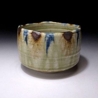 6G1: Vintage Japanese Pottery Tea bowl of Mino ware,  Artistic glaze 3