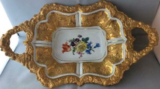 Antique Meissen Gold Gilt & Floral Handled Serving Bowl Tray Crossed Swords Mark