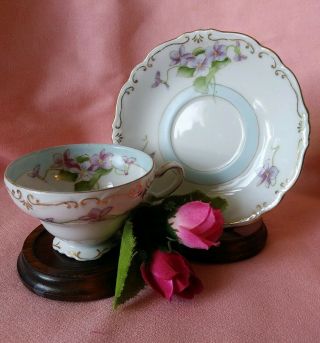 Vintage Purple & Blue Demitasse Tea Cup & Saucer Made In Occupied Japan