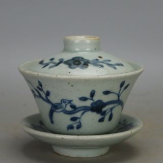 Chinese Old Porcelain Blue And White Bird & Flower Pattern Tea Brew Cup C01