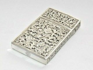 RARE ANTIQUE INDIAN RAJASTHAN SOLID SILVER CARD CASE 105g FLORAL REPOUSSE c1880 2