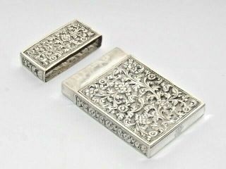 RARE ANTIQUE INDIAN RAJASTHAN SOLID SILVER CARD CASE 105g FLORAL REPOUSSE c1880 3