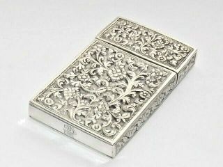 RARE ANTIQUE INDIAN RAJASTHAN SOLID SILVER CARD CASE 105g FLORAL REPOUSSE c1880 8