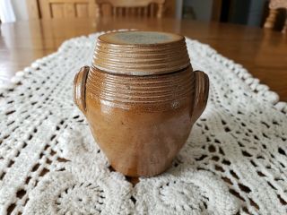 Miniature Small Lidded Stoneware Crock W/handles Salt Glaze 3/8 " T×3 1/8 " W