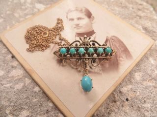 Gorgeous Victorian 14k Yellow Gold Persian Turquoise Pin/pendant Necklace