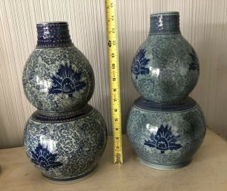 Signed 14” Pair Vintage Antique Chinese Double Gourd Porcelain Vases Blue Lotus 2