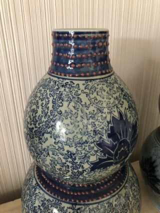 Signed 14” Pair Vintage Antique Chinese Double Gourd Porcelain Vases Blue Lotus 3