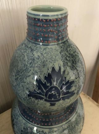 Signed 14” Pair Vintage Antique Chinese Double Gourd Porcelain Vases Blue Lotus 5