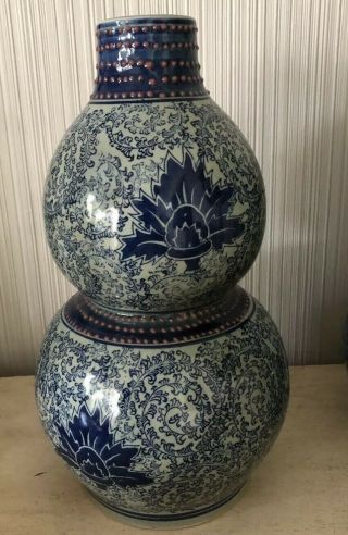Signed 14” Pair Vintage Antique Chinese Double Gourd Porcelain Vases Blue Lotus 7