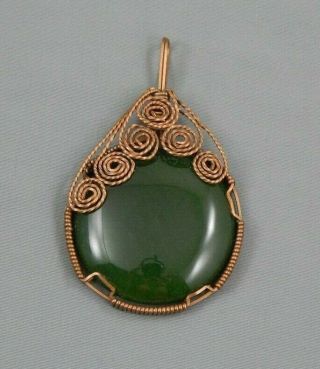 Vintage Chinese Export Natural Rich Green Jadeite Jade Pendant Wire Work Setting