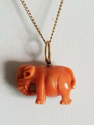 Antique Natural Red Salmon Carved Coral Elephant Pendant Charm 10k Caco Chain