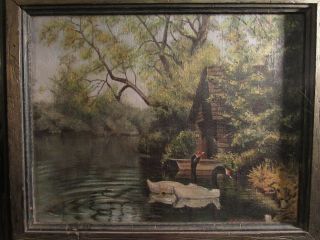 Antique/vintage Oil Painting Of Swans In A Lake,  Signed