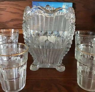 Antique Northwood Clear Opalescent Glass Alaska Lions Leg Pitcher & Glasses