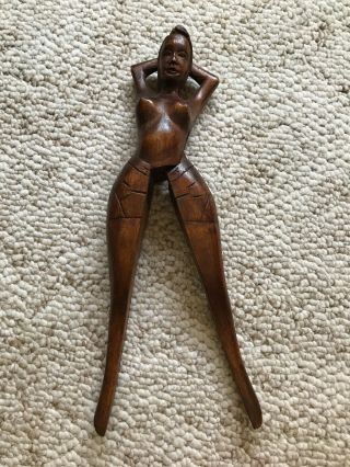 Vintage Wooden Nutcracker Nude Woman Folk Art Tiki Primitive Hand Carved Naked 3