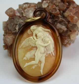Antique Carved Cameo Shell Nude Angels W 14k Gold Bale Lady Necklace Pendant Sms