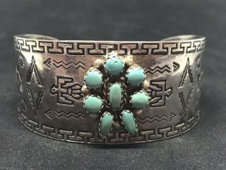 Vintage Navajo Sterling Silver Turquoise Thunderbird Cuff Bracelet Signed Bell