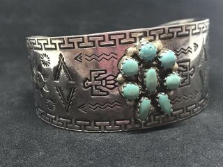 VINTAGE NAVAJO STERLING SILVER TURQUOISE THUNDERBIRD CUFF BRACELET SIGNED BELL 2