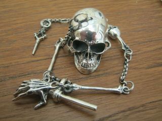 Sterling Silver Skull & Bones Match Safe Vesta Watch Case Box On Albert Chain