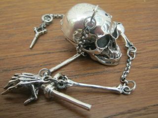 Sterling Silver Skull & Bones Match Safe Vesta Watch Case Box On Albert Chain 2