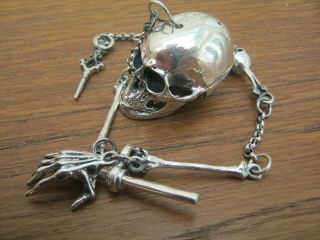 Sterling Silver Skull & Bones Match Safe Vesta Watch Case Box On Albert Chain 3