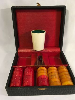 Vintage Bakelite Catalin Backgammon Set Butterscotch Red 30 Chips Dice Cup Case