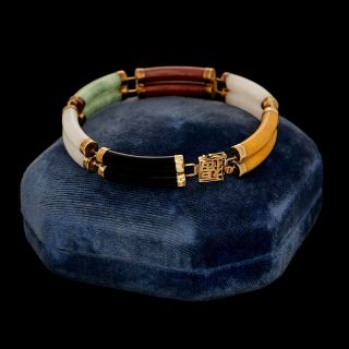 Antique Vintage Deco 10k Gold Chinese Jadeite Jade Double Row Segment Bracelet