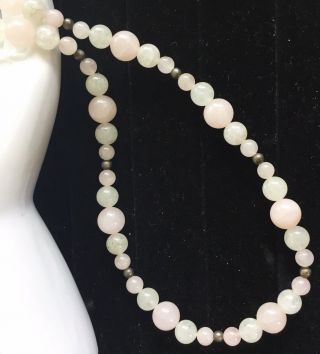 Vintage Chinese Export Jade Jadeite Rose Quartz Sterling Silver Bead Necklace 3