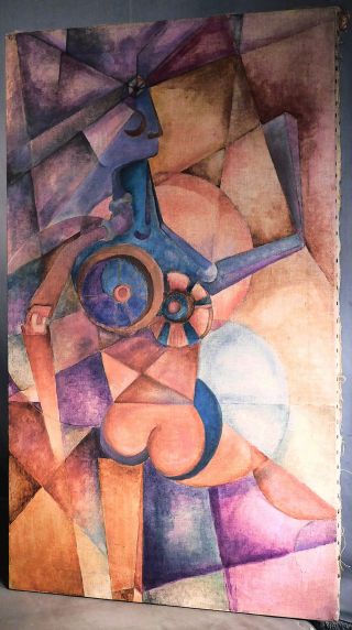 Vintage Modern Karla Rindal Abstract Cubist Painting Female Nude Robot Futurism