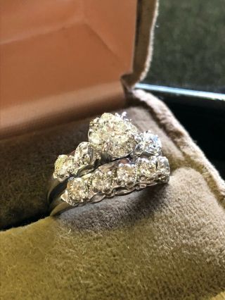 Vintage 14k White Gold Diamond Engagement Ring Wedding Band Set 12