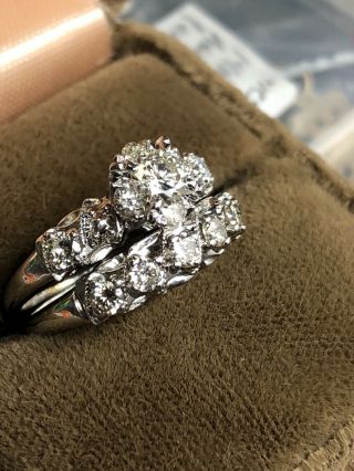 Vintage 14k White Gold Diamond Engagement Ring Wedding Band Set