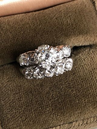 Vintage 14k White Gold Diamond Engagement Ring Wedding Band Set 2