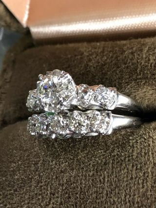 Vintage 14k White Gold Diamond Engagement Ring Wedding Band Set 3